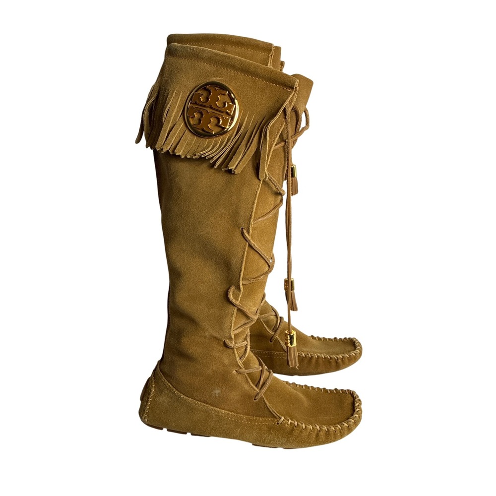 Tory Burch Tan Suede Fringe Moccasin Lace Up‎ Tall Boots Gold Logo Tassels 7M